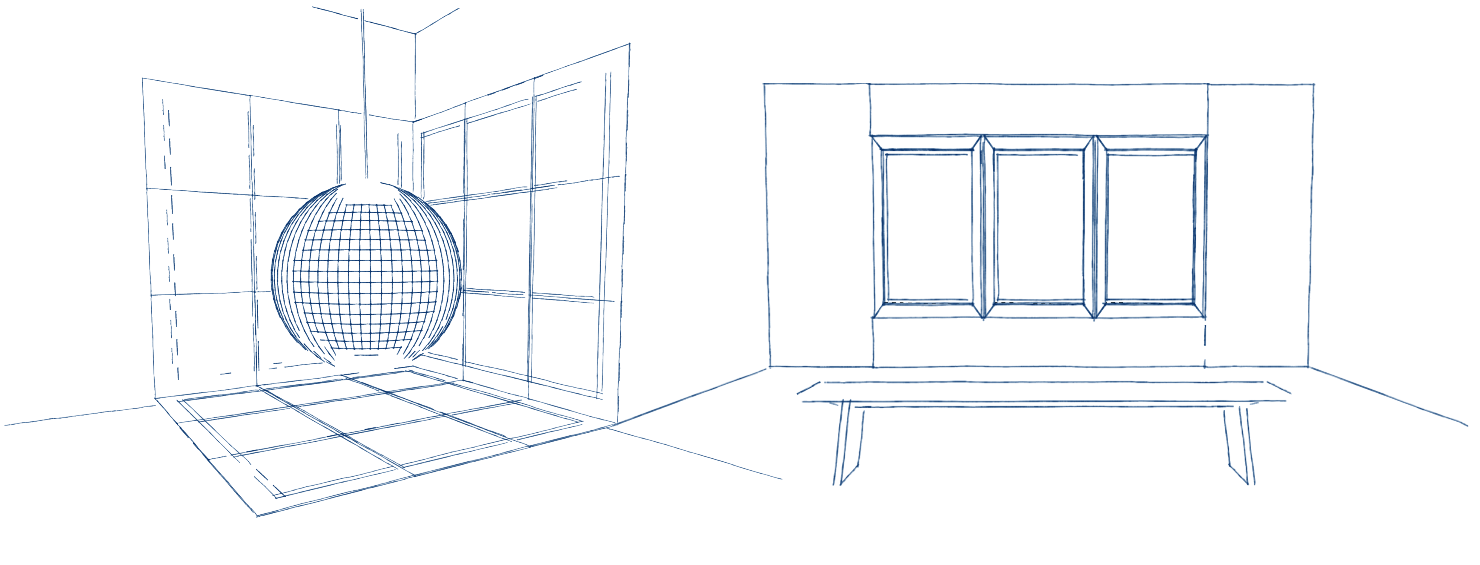 Line drawings of two of the exhibition rooms: a sphere hanging in a tiled corner, and a bench in front of three windows
