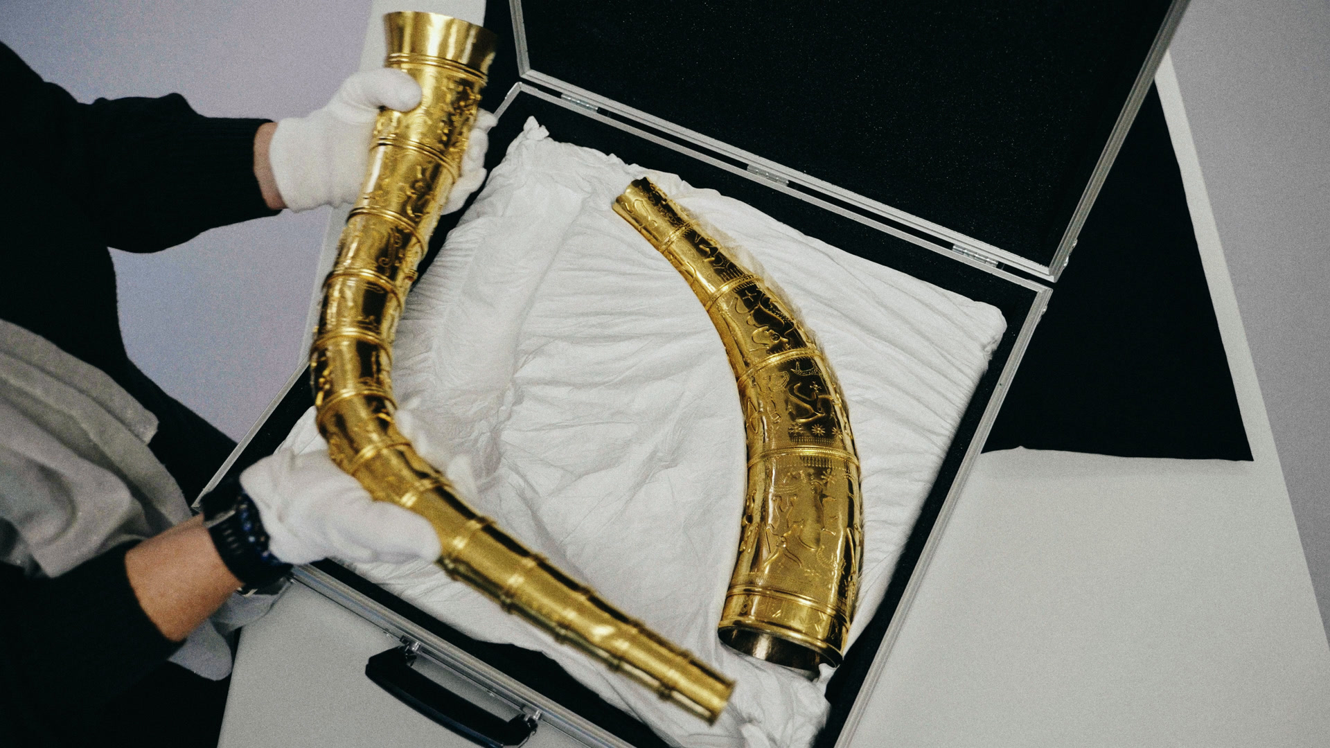 The horns lifted out of their case