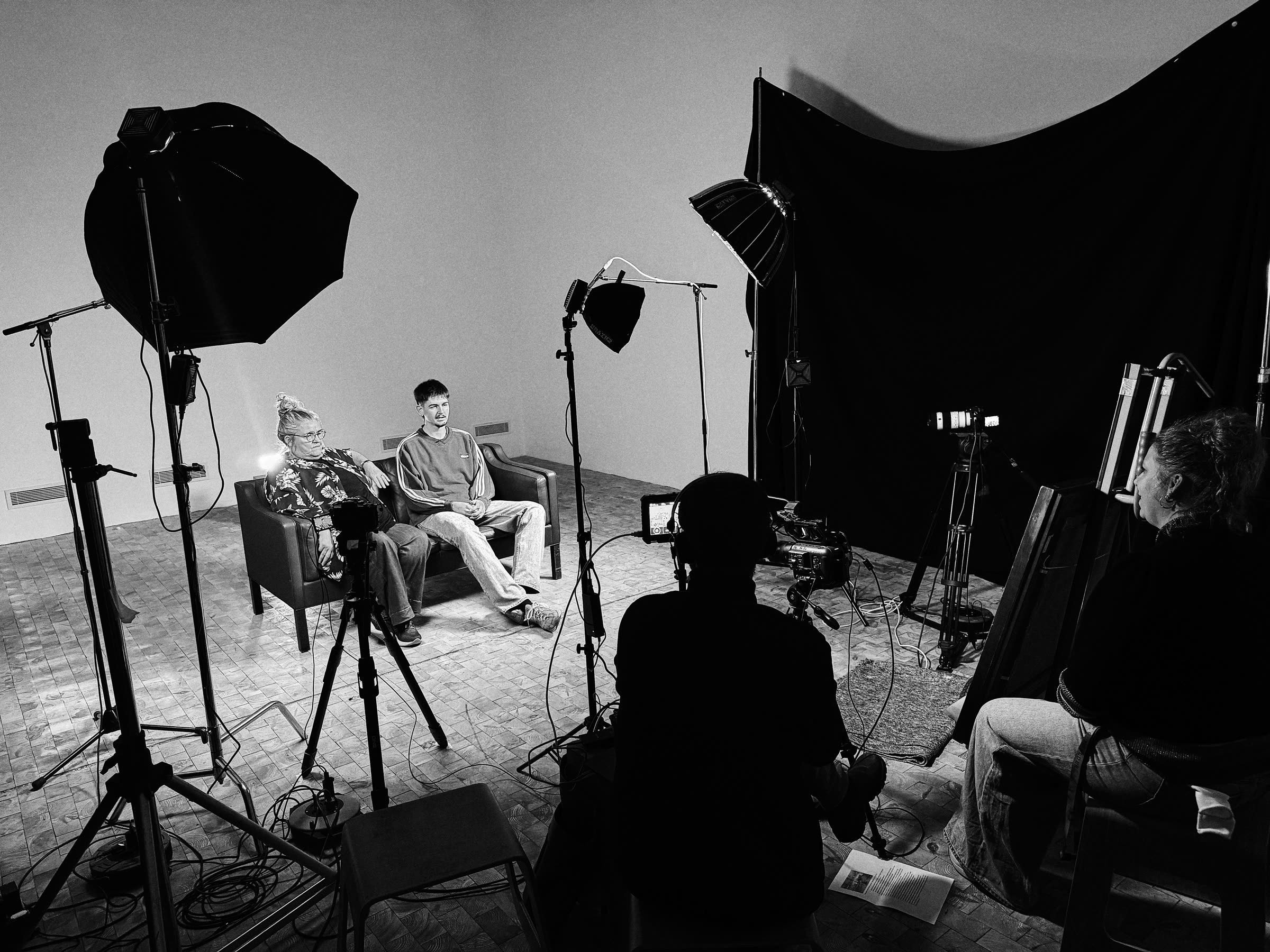 The crew filming two participants