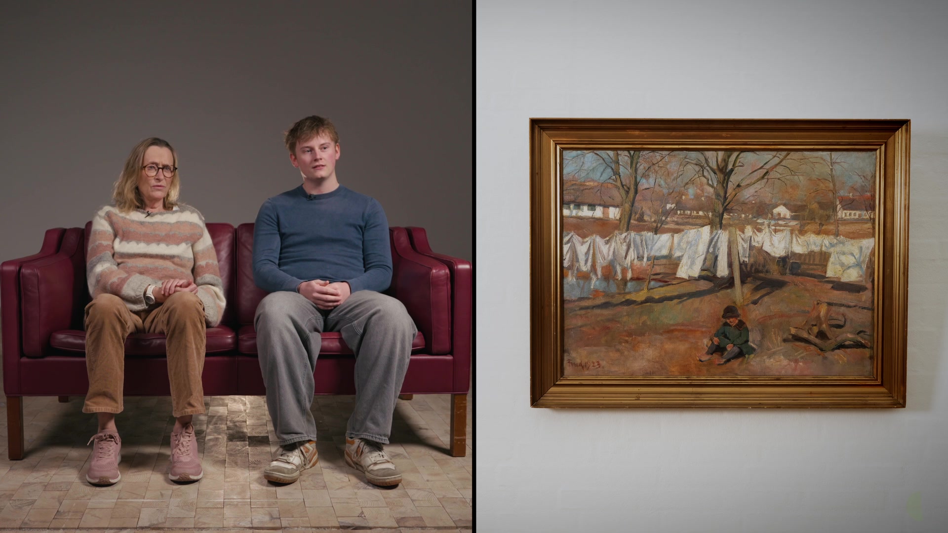 Two generations on the sofa next to a landscape painting