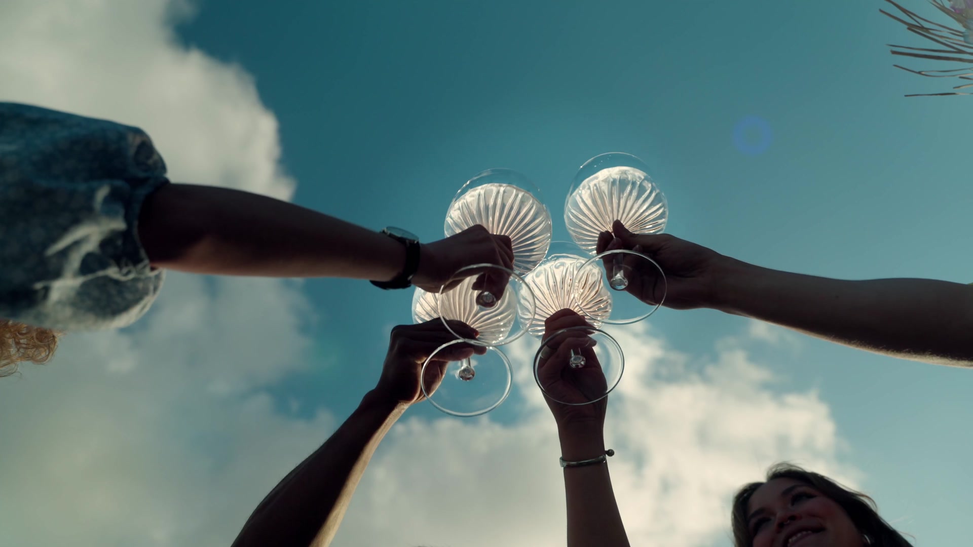 Glasses raised against the sky